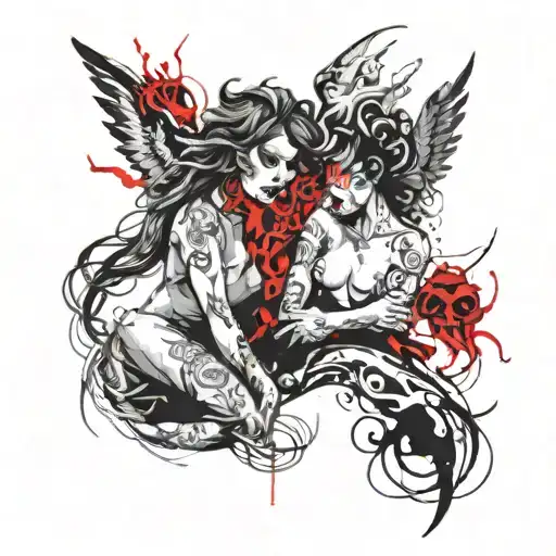 two sexy girls, one looking like a demon and one looking like an angel tattoo design idea