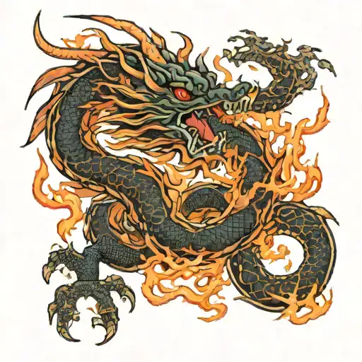 japanese dragon surrounded with fire   tattoo design idea