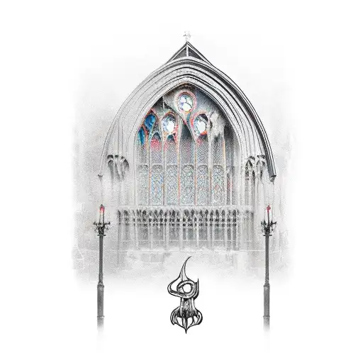 gothic window archway with monster claw coming from the bottom tattoo design idea
