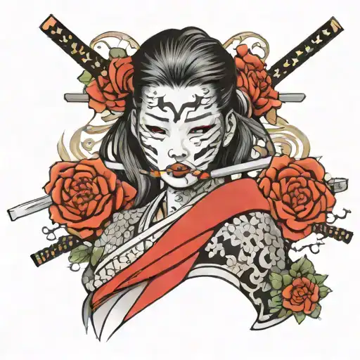 katana covers half of the face of girl, over half is cover by japan mask tattoo design idea