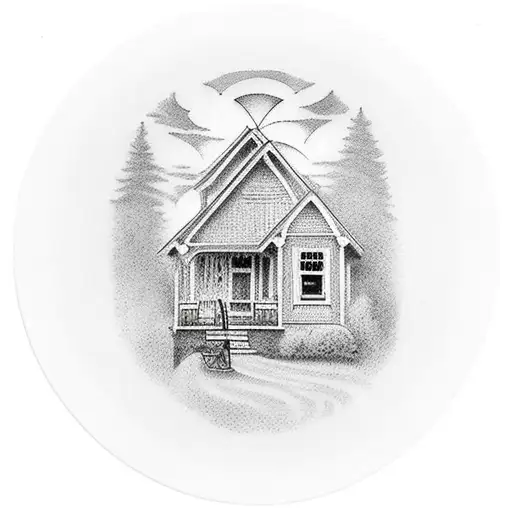 house in front of rising sun with a banjo on its porch tattoo design idea