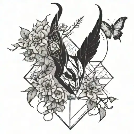 maleficent tattoo mixed with moth and house flowers and vones tattoo design idea