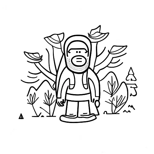 A backpacker walking through a dense forest tattoo design idea