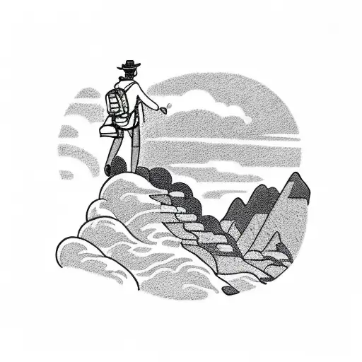 A backpacker standing on a cliff edge, overlooking a vast and breathtaking landscape tattoo design idea