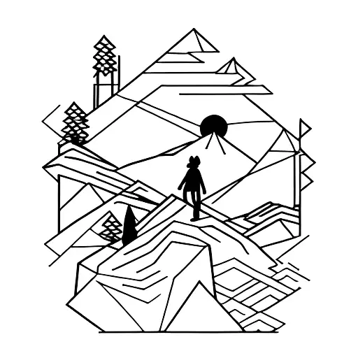 A backpacker standing on a cliff edge, overlooking a vast and breathtaking landscape tattoo design idea