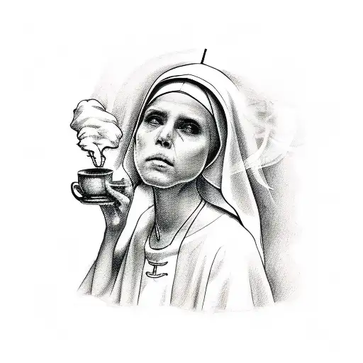 A sketch-style tattoo of a alluring nun embracing a communion cup with smoke rising from it tattoo design idea