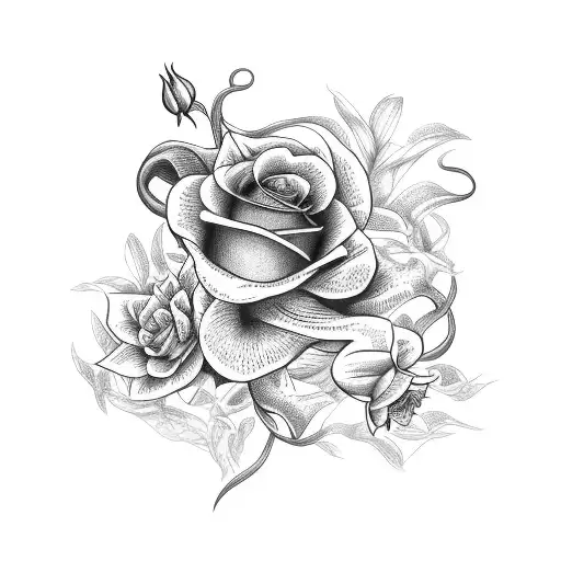rose, stargazer lily, orchids with vines tattoo design idea