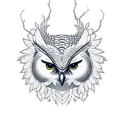 An intricate new-school design featuring a forest scene with a supervisor owl perched on a tree branch tattoo design idea