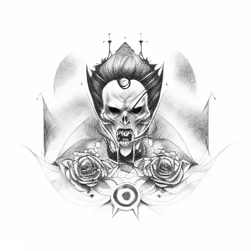 composition, musician, black witch, beautiful dracula, sad man, rag and metal music tattoo design idea