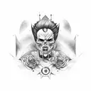 composition, musician, black witch, beautiful dracula, sad man, rag and metal music tattoo design idea