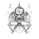 composition, musician, black witch, beautiful dracula, sad man, rag and metal music tattoo design idea