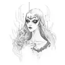 composition, musician, black witch, beautiful dracula, sad man, rag and metal music tattoo design idea