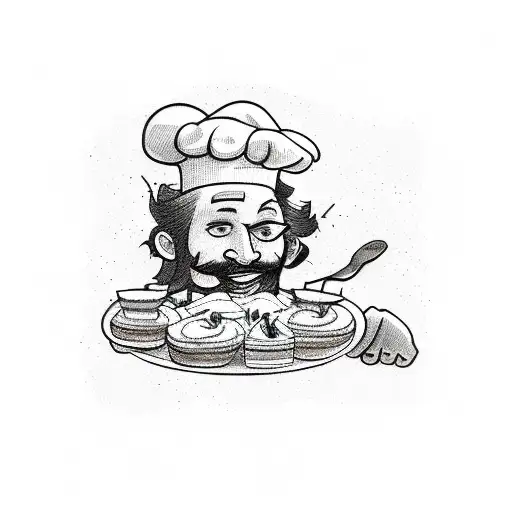 A sketch-style tattoo of a chef doing a backflip while holding a plate of fika pastries and a joint. tattoo design idea