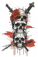 A sword splitting a skull with "Memento Mori" text tattoo design idea