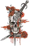 A sword splitting a skull with "Memento Mori" text tattoo design idea