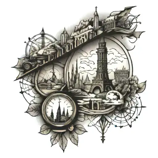 A travel-themed sleeve tattoo featuring various landmarks from Idaho and Europe in a geometric design tattoo design idea