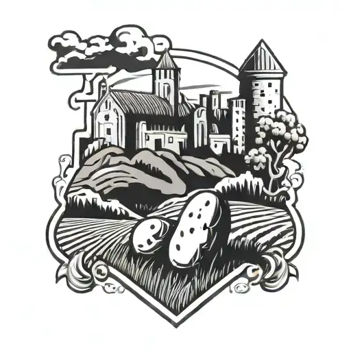 A tattoo design of Idaho's iconic potato fields with a European castle in the background, blending the client's love for Idaho and Europe tattoo design idea