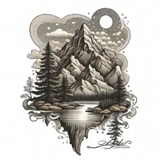 A tattoo design of a majestic mountain range with a winding river, showcasing the beauty of Idaho's outdoors and the client's passion for nature tattoo design idea