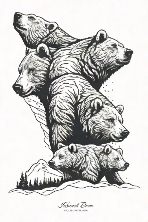 Three bears looking up at the northern lights over mount rainier tattoo design idea