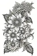 floral sleeve tattoo featuring daisies, asters, chrysanthemum, narcissus tattoo design idea
