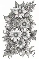 floral sleeve tattoo featuring daisies, asters, chrysanthemum, narcissus tattoo design idea