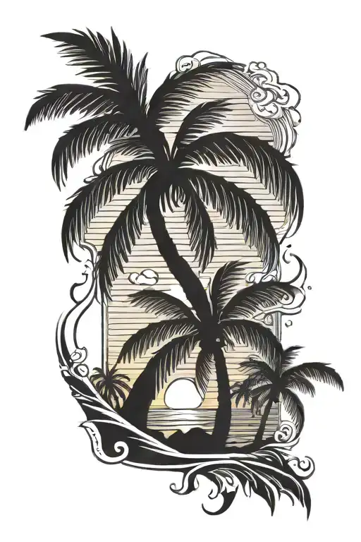 right arm cuff with large palm tree sunset and sea tattoo design idea