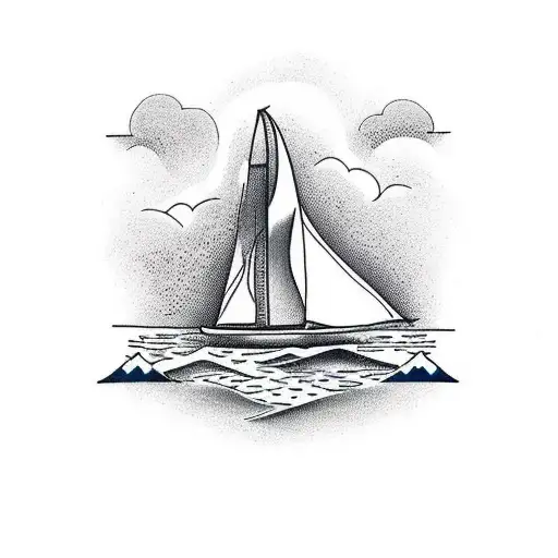 Sailingboat sailing in the sea in front of an hill with a snowboarder tattoo design idea