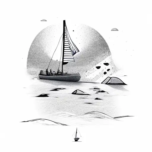 Sailingboat sailing in the sea in front of an hill with a snowboarder tattoo design idea