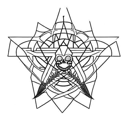 A tattoo of a dinosaur skeleton with a pentagram in the background tattoo design idea