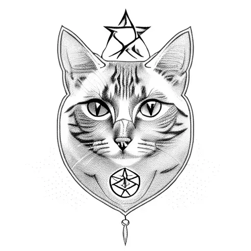 A blackwork tattoo of a cat with a pentagram collar surrounded by witchcraft symbols tattoo design idea
