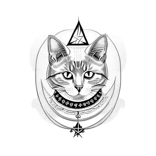A blackwork tattoo of a cat with a pentagram collar surrounded by witchcraft symbols tattoo design idea