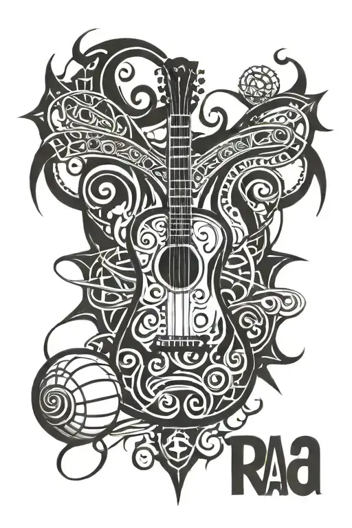 guitar with basketball, infinity symbol and compass rose containing the initials RA, AA, JA, HA for directions tattoo design idea
