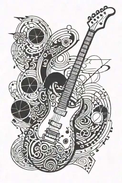 electric guitar with mathematics symbols and a basketball ball tattoo design idea