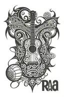 guitar with basketball, infinity symbol and compass rose containing the initials RA, AA, JA, HA for directions tattoo design idea