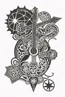 guitar with basketball, infinity symbol and compass rose containing the initials RA, AA, JA, HA for directions tattoo design idea
