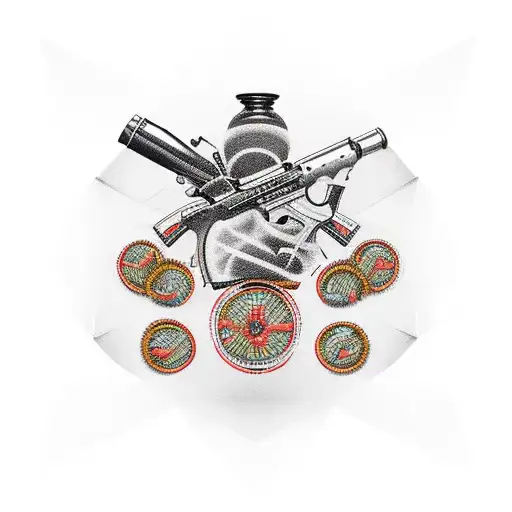 A visually striking tattoo design featuring a collage of sports equipment, money stacks, and gun barrels forming a cohesive pattern tattoo design idea
