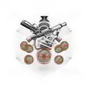 A visually striking tattoo design featuring a collage of sports equipment, money stacks, and gun barrels forming a cohesive pattern tattoo design idea