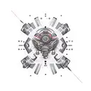 A visually striking tattoo design featuring a collage of sports equipment, money stacks, and gun barrels forming a cohesive pattern tattoo design idea