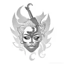 A unique tattoo idea combining the silhouette of a woman with flowing hair made of dollar bills and a gun in hand tattoo design idea