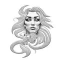 A unique tattoo idea combining the silhouette of a woman with flowing hair made of dollar bills and a gun in hand tattoo design idea