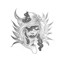 A unique tattoo idea combining the silhouette of a woman with flowing hair made of dollar bills and a gun in hand tattoo design idea