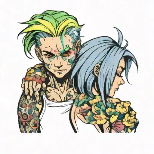 buff boy with rainbow hair hugging girl with gray hair tattoo design idea