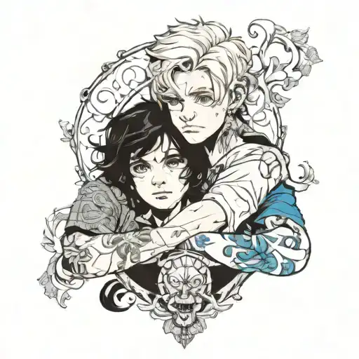 boy with black hair and blue eyes holding boy with light blonde hair and blue eyes  tattoo design idea