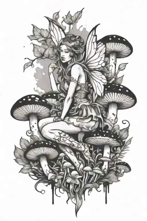 fairy surrounded by mushrooms tattoo design idea