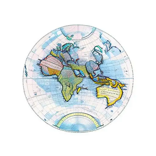 An intricate new-school design featuring a world map with different hiking trails marked in vibrant colors tattoo design idea