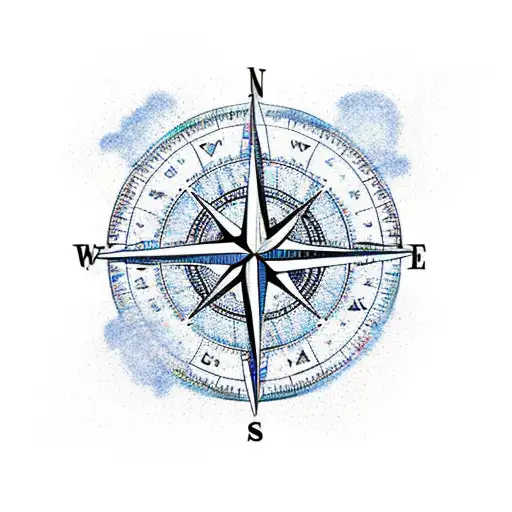 A compass rose with a trail winding through mountains and leading to the ocean tattoo design idea