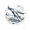 A traditional-style tattoo of a majestic whale breaching out of the ocean with a mountain range in the background tattoo design idea