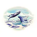 A traditional-style tattoo of a majestic whale breaching out of the ocean with a mountain range in the background tattoo design idea