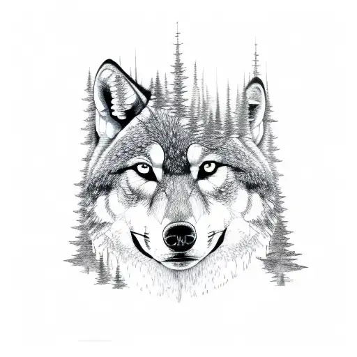 Forest with a wolf  tattoo design idea