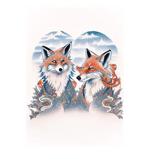 two kitsune foxes walking across a river tattoo design idea